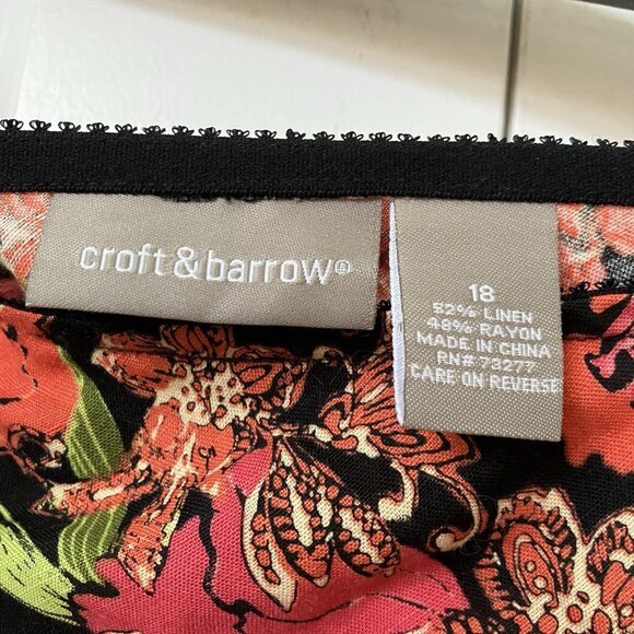 Y2K Croft & Barrow Midi Skirt Womens 18 Linen Black Red Floral Hibiscus Flared - Picture 4 of 8